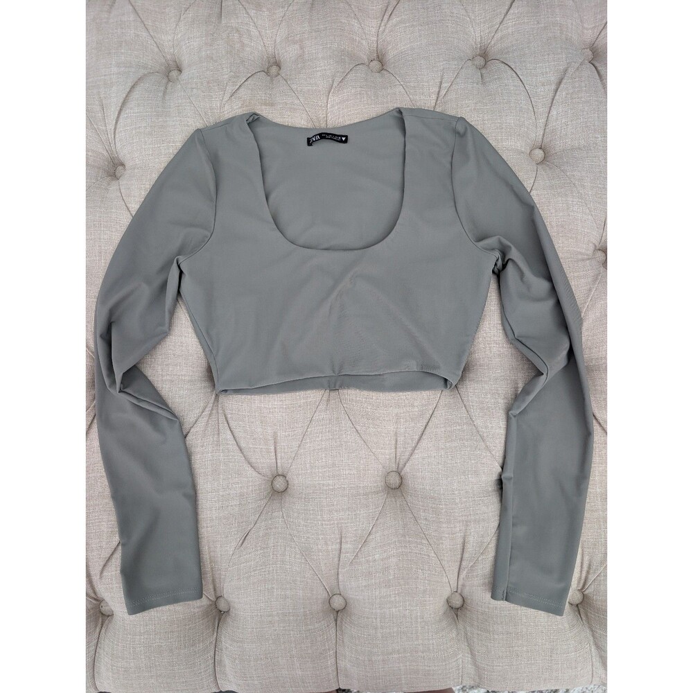 Zara Ladies Long Sleeved Stretchy Green Round Neck Crop Top Size Large L
